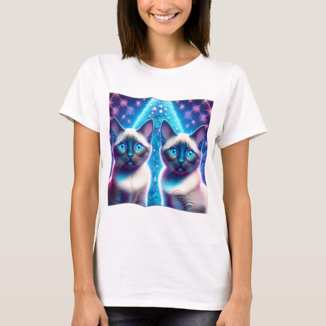 Camiseta 2 Gatinhos Siameses Colocados Na Árvore De Natal (Frente)