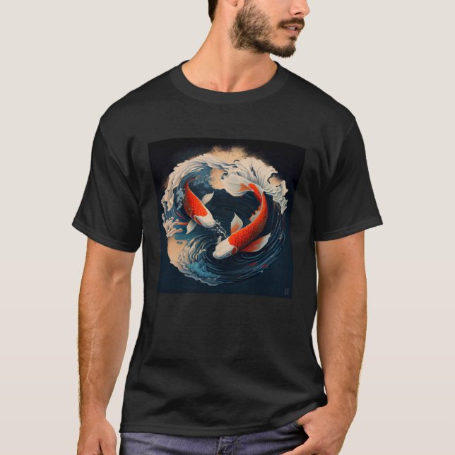 Camiseta 2 Peixes Koi nadando em uma onda japonesa Pullo (Frente)