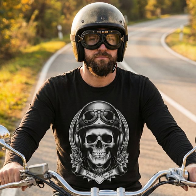 Camiseta 2 Sided Custom Biker Skull Motorcycle Long Sleeve (Criador carregado)
