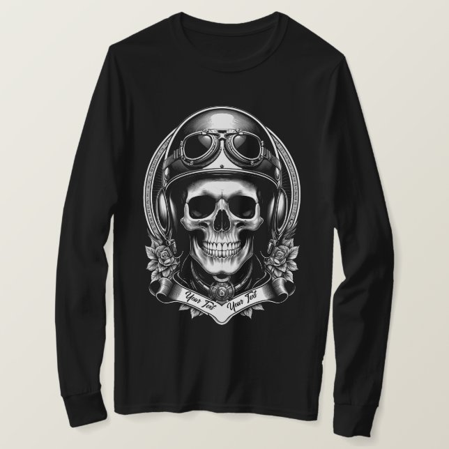 Camiseta 2 Sided Custom Biker Skull Motorcycle Long Sleeve (Frente do Design)