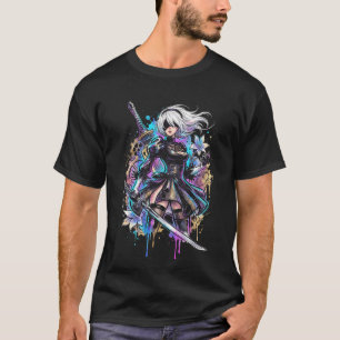 Camiseta 2B NieR Vaporwave Onda Retro Gradiente Rosa Azul P