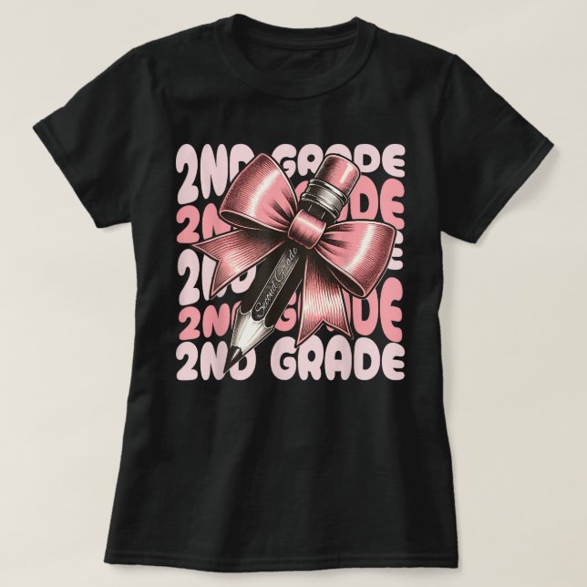Camiseta 2nd Grade Teacher Pencil Coquette Bow (Frente do Design)