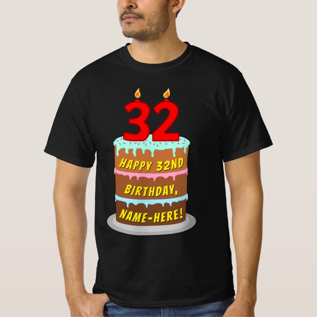 Camiseta 32º aniversário — Bolo e Velas Divertidas, com nom (Frente)