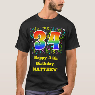 Camiseta 34.o Aniversário: Símbolos Musicais Coloridos, R
