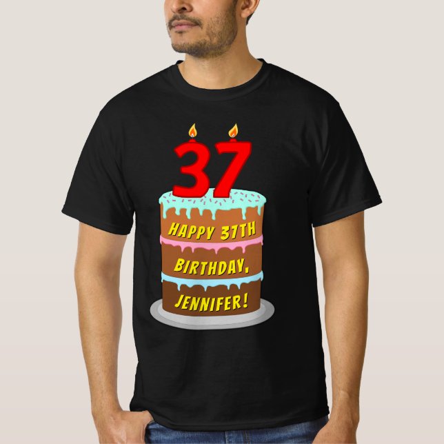 Camiseta 37.o aniversário — Bolo e Velas Divertidas, com no (Frente)