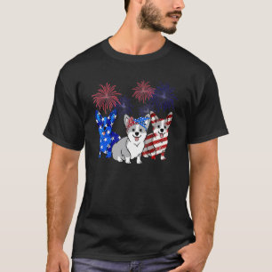 Camiseta 3 Cães Corgi Vestem Laço de Fogos de Artifício da