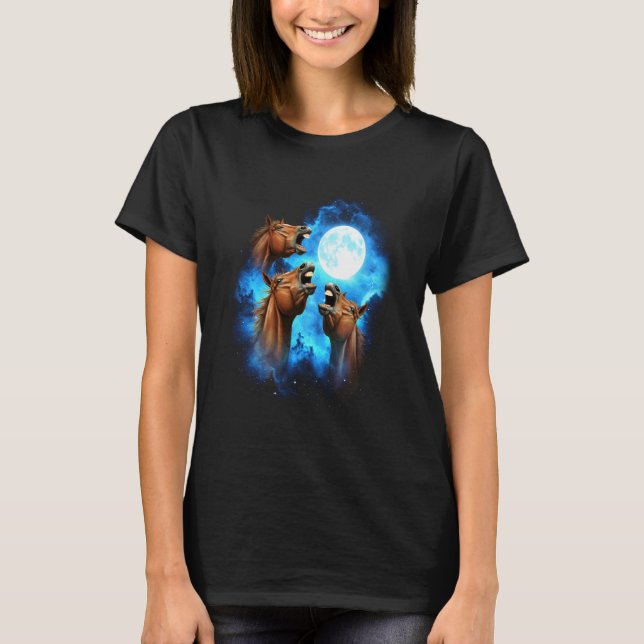 Camiseta 3 Cavalo Uivando para a Lua Azul Colorido (Frente)