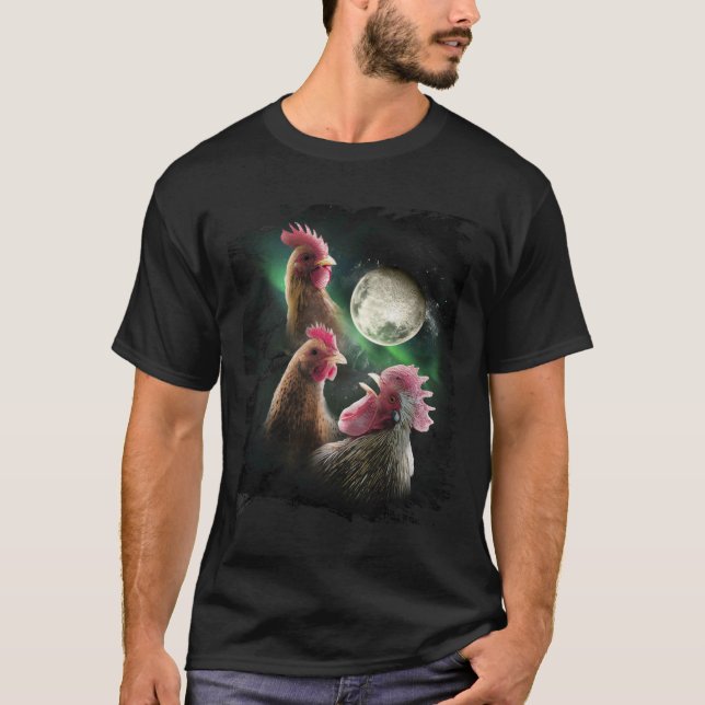 Camiseta 3 Galinhas Lua Lobo Galinhas Uivando Lobos  (Frente)