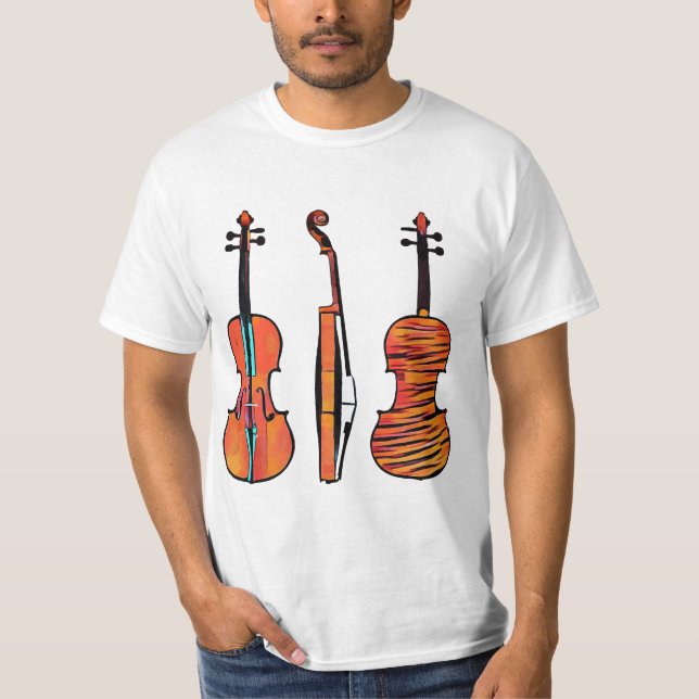 Camiseta 3 violinos Instrumentos musicais originais Pop Art (Frente)