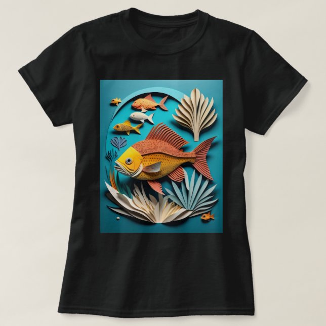 Camiseta 3D Papel e Design de peixe (Frente do Design)