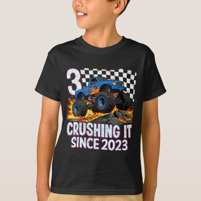 Camiseta 3rd Birthday Monster Truck 3 Year Old Boys Party B (Frente)