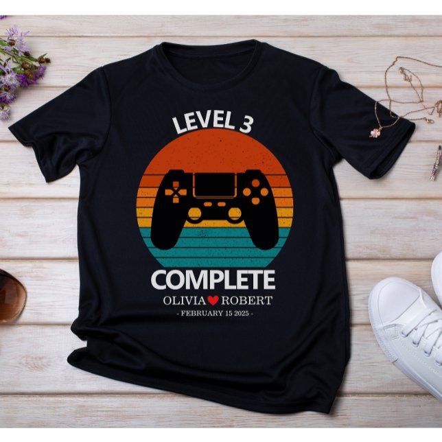 Camiseta 3rd Wedding Anniversary Custom Retro Video Game (Modern wedding couple name 3rd anniversary gifts t-shirt )