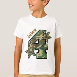Camiseta 4º Aniversário, Menino Camo e Estrelas Nome Person