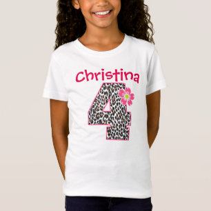 Camiseta 4º Aniversário Rapariga Rosa Quente e Leopardo