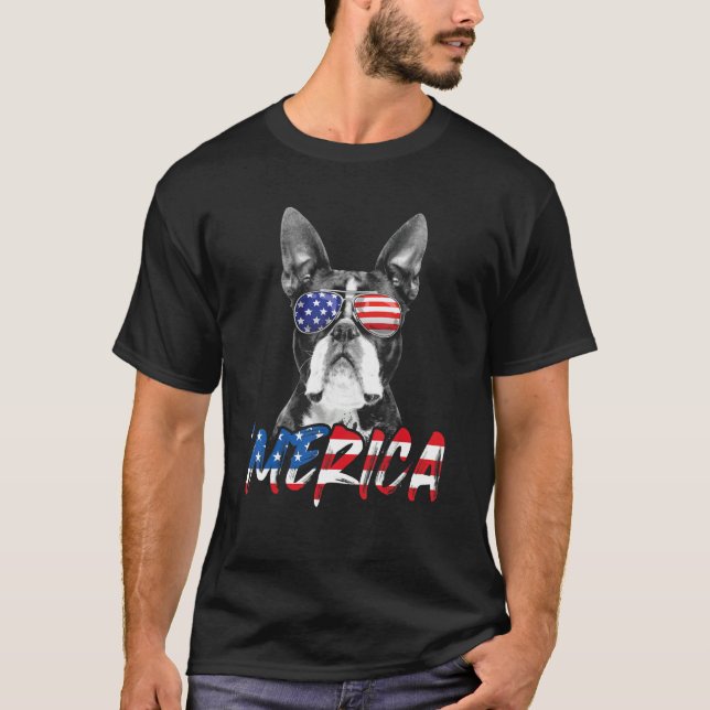 Camiseta 4º de julho Boston Terrier Merica American Flag Pa (Frente)