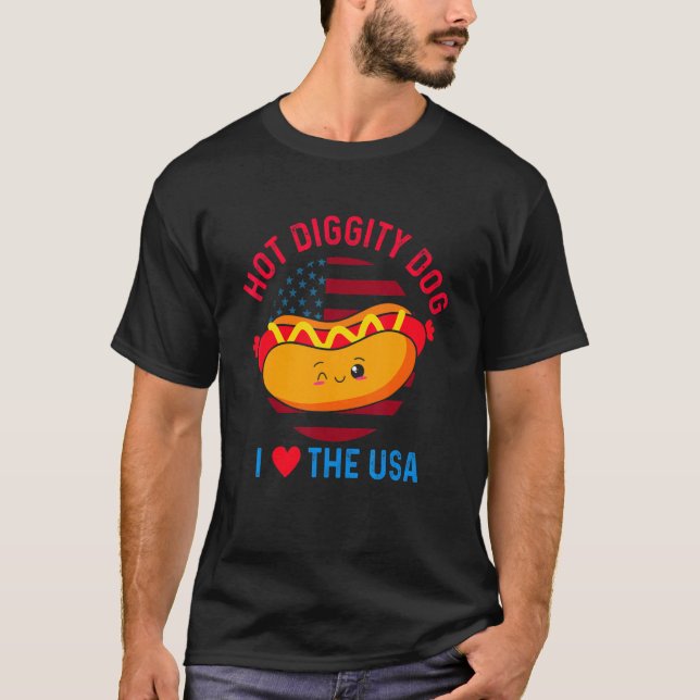 Camiseta 4º De Julho Cachorro Quente Eu Amo Os Eua Fazendo  (Frente)