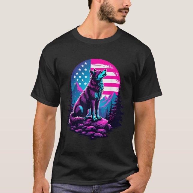 Camiseta 4º De Julho De American Flag Howling Wolf Sob Os E (Frente)