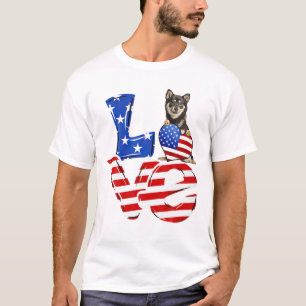 Camiseta 4º De Julho Patriótico LOVE Shiba American Flag