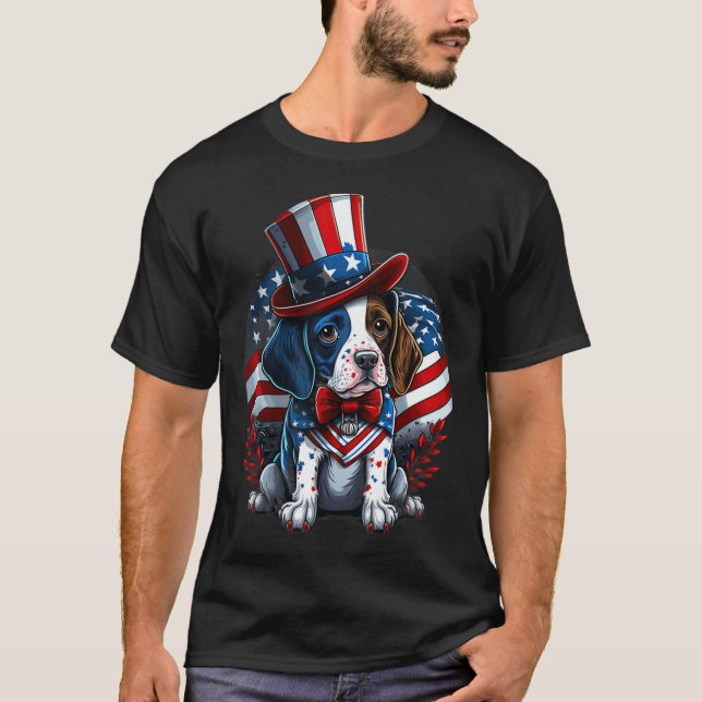 Camiseta 4º De Julho Patriótico Ponteiro Inglês Cachorro No (Frente)