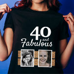 Camiseta 40 e Fabuloso aniversário de 40 anos de Foto Glitt<br><div class="desc">40 e Fabulosa camiseta preta Glitter 2 Fotos aniversário de 40 anos Dourada. O texto é de cor branca. Adicione suas fotos - você pode usar uma foto antiga e nova.</div>