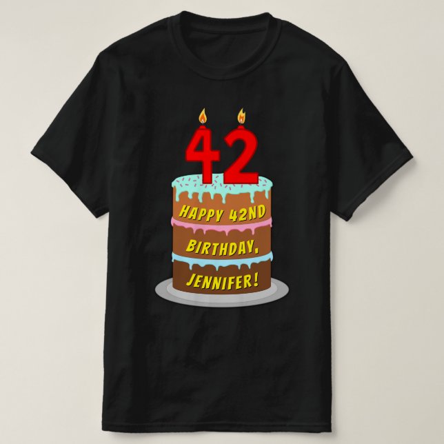 Camiseta 42º aniversário — Bolo e Velas Divertidas, com nom (Frente do Design)