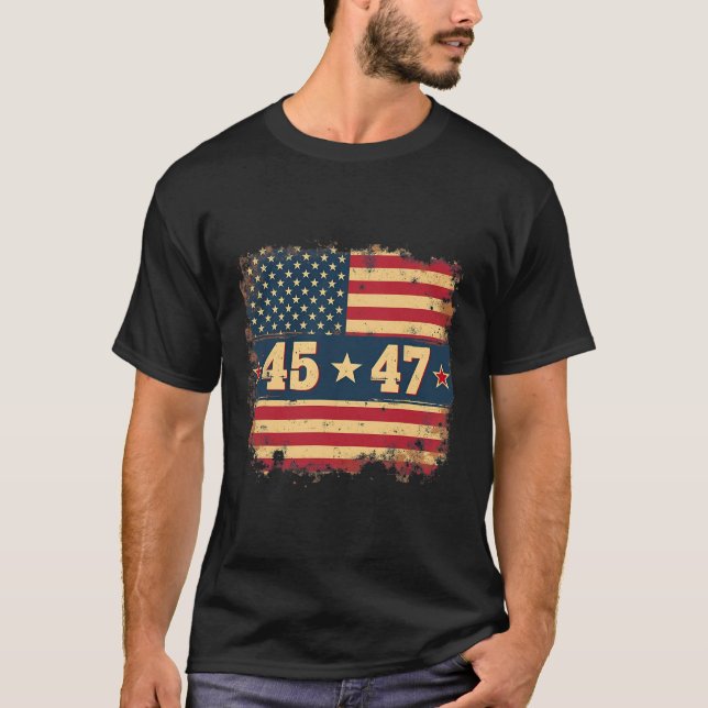 Camiseta 45 47 Presidente Trump Vintage - Bandeira American (Frente)