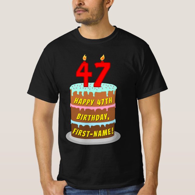 Camiseta 47.o aniversário — Bolo e Velas Divertidas, com no (Frente)
