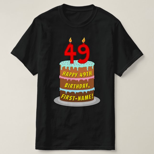Camiseta 49º aniversário — Bolo e Velas Divertidas, com nom (Frente do Design)