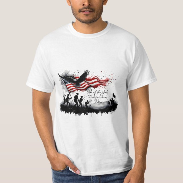 Camiseta 4 de julho Arte Patriótica com Bandeira e Soldados (Frente)