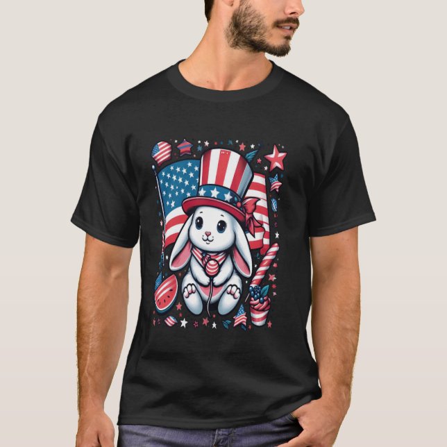 Camiseta 4 de julho Bunny Patriótica USA American Flag Rabb (Frente)