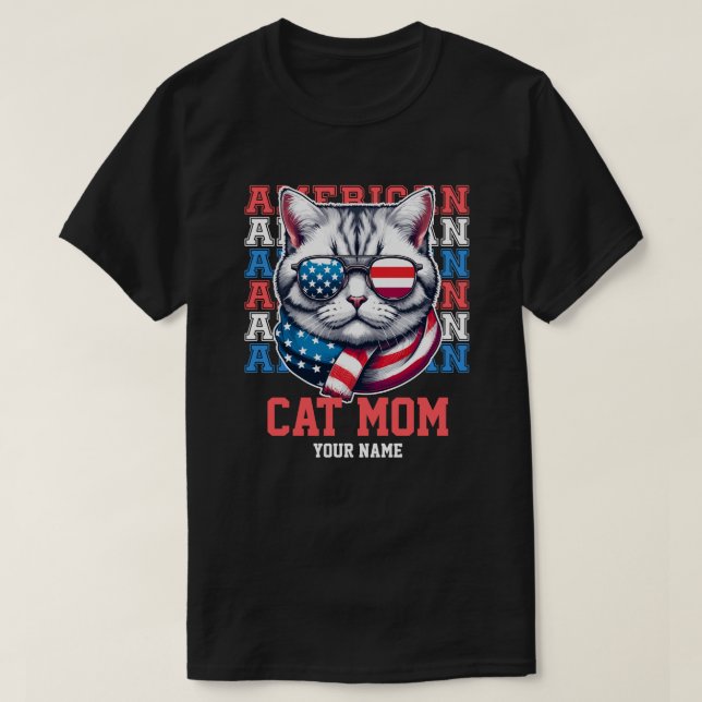 Camiseta 4 de julho Cat em Óculos Cat Mãe Personalizada (Frente do Design)