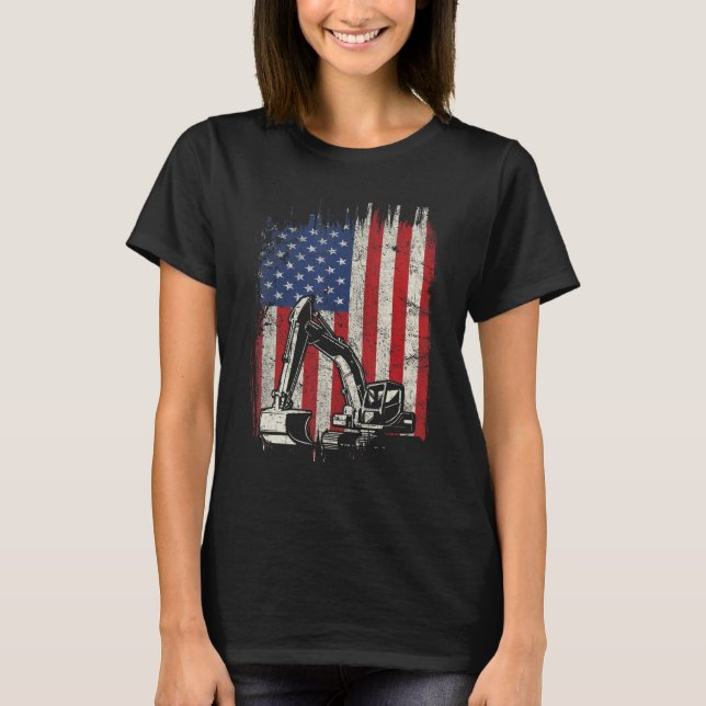 Camiseta 4 De Julho De Bandeira Americana Backhoe Exc (Frente)