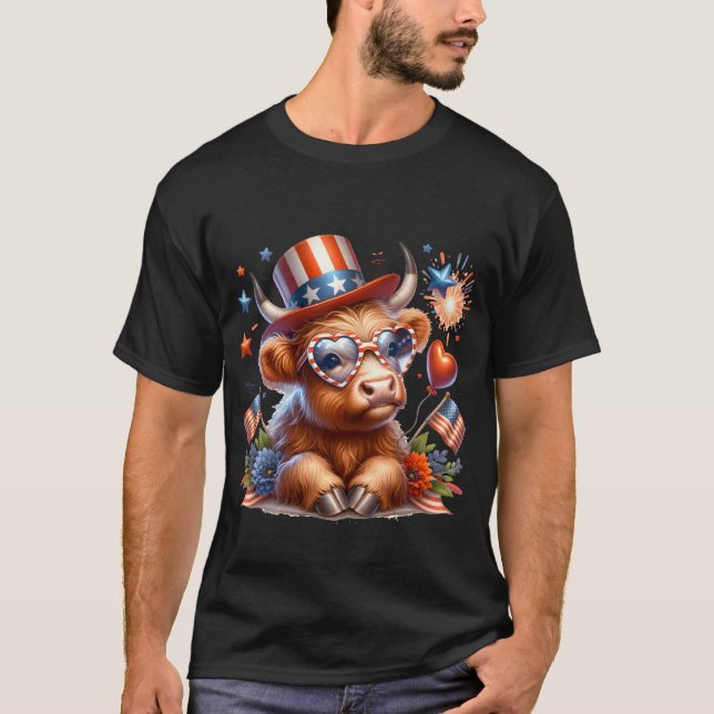 Camiseta 4 De Julho De Highland Cow Cuide American (Frente)