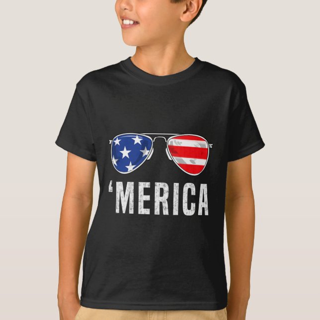 Camiseta 4 de julho de Merica American Flag Sunglass Boys G (Frente)