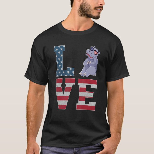Camiseta 4 De Julho Decor Amor Patriótico Hippo American Fl (Frente)