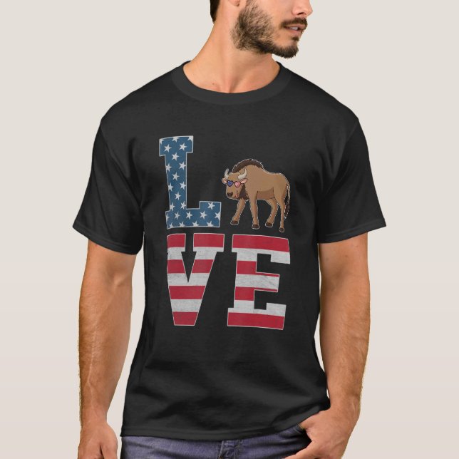 Camiseta 4 de julho Decor Patriotic Love Wildebeest America (Frente)