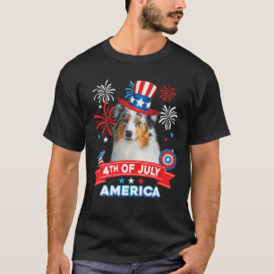 Camiseta 4 De Julho Dia Patriótico Cão Pastor Australiano
