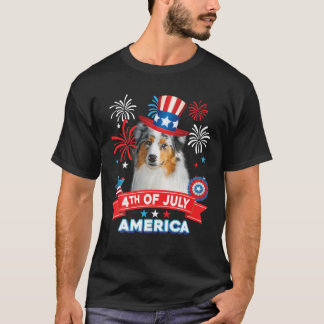 Camiseta 4 De Julho Dia Patriótico Cão Pastor Australiano