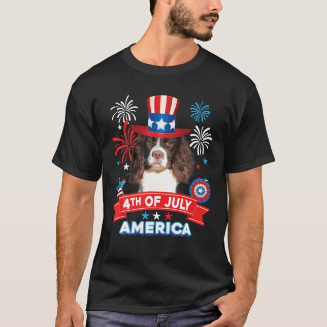 Camiseta 4 De Julho Dia Patriótico Inglês Springer Spaniel (Frente)