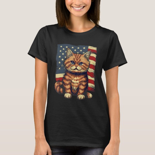 Camiseta 4 De Julho EUA Flag Munchkin Cat (Frente)