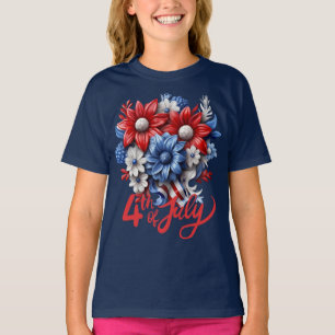 Camiseta 4 de julho Flores em Branco Vermelho e Patriótico