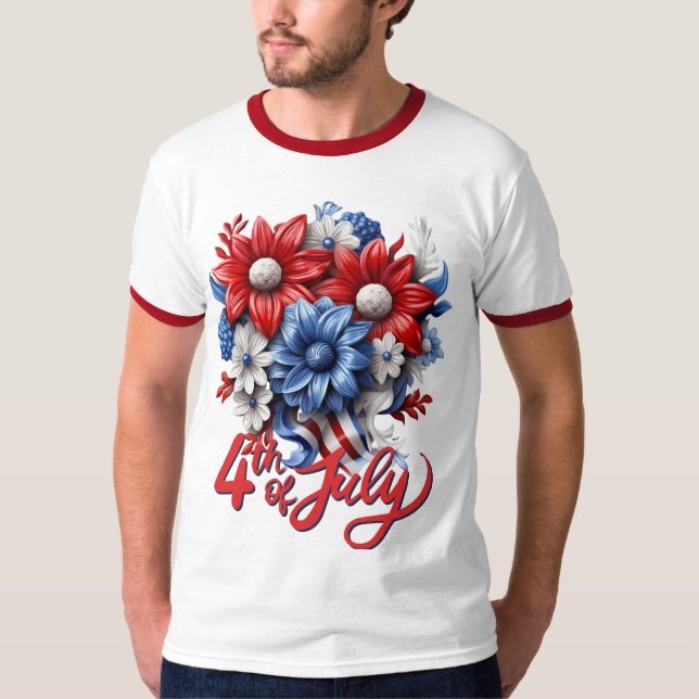 Camiseta 4 de julho Flores em Branco Vermelho e Patriótico  (Frente)