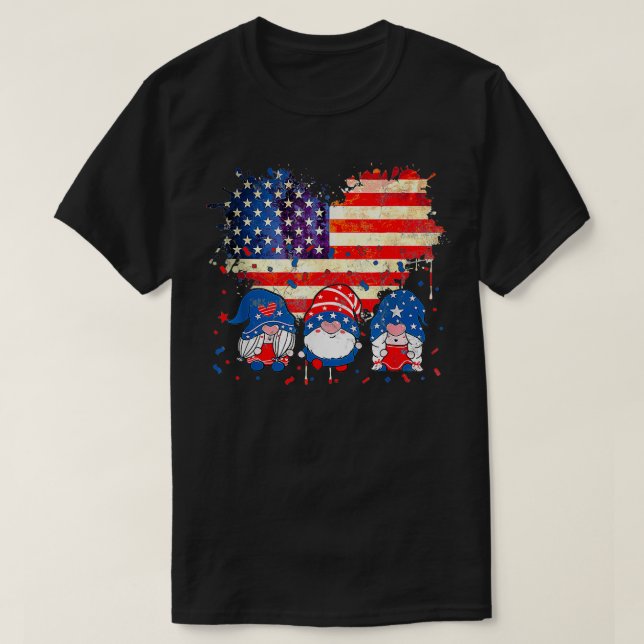 Camiseta 4 de julho Gnomos Patriótico Americano Flag Cute p (Frente do Design)