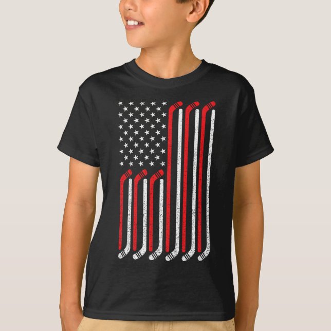 Camiseta 4 de julho Hockey Stick USA Flag Patriotic Hockey (Frente)