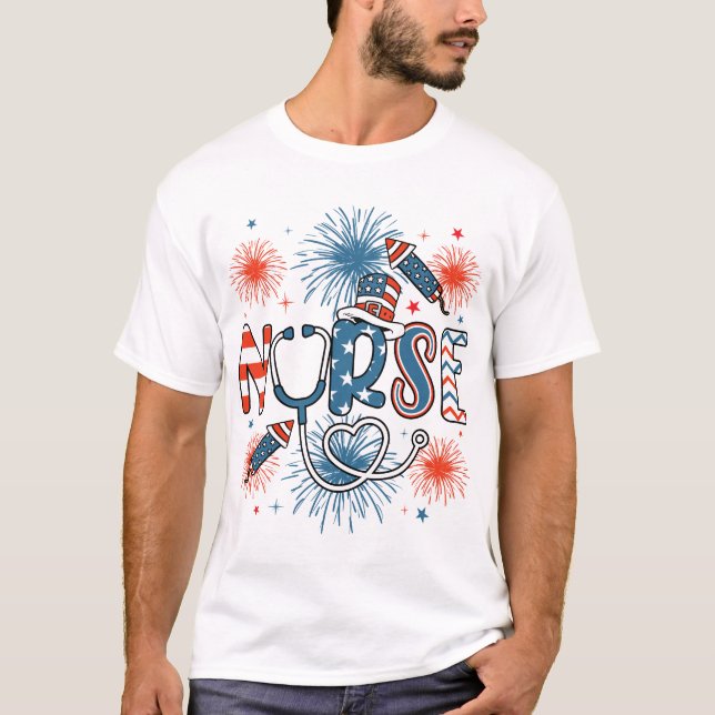 Camiseta 4 De Julho Homens De Enfermeira Patriótica (Frente)