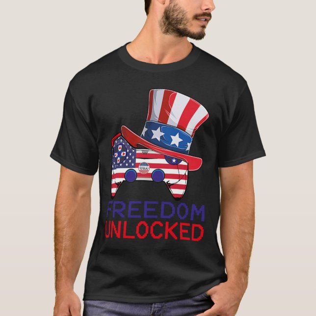 Camiseta 4 de julho Liberdade Desbloqueou Jogos de Vídeo EU (Frente)