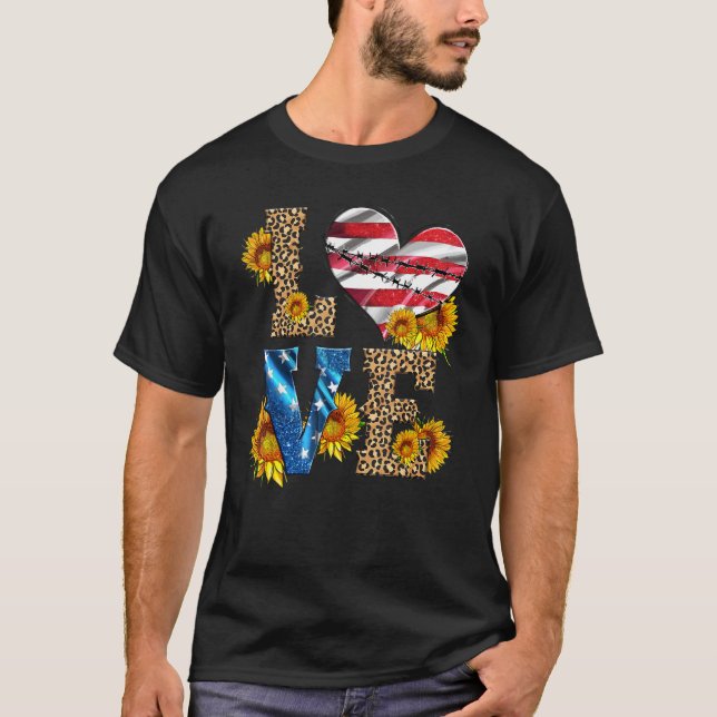 Camiseta 4 de julho Love Heart Leopard Patriotic USA Ameri (Frente)