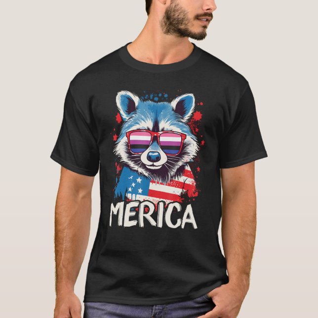 Camiseta 4 De Julho Merica Raccoon Gênero Fluid Sunglasse (Frente)