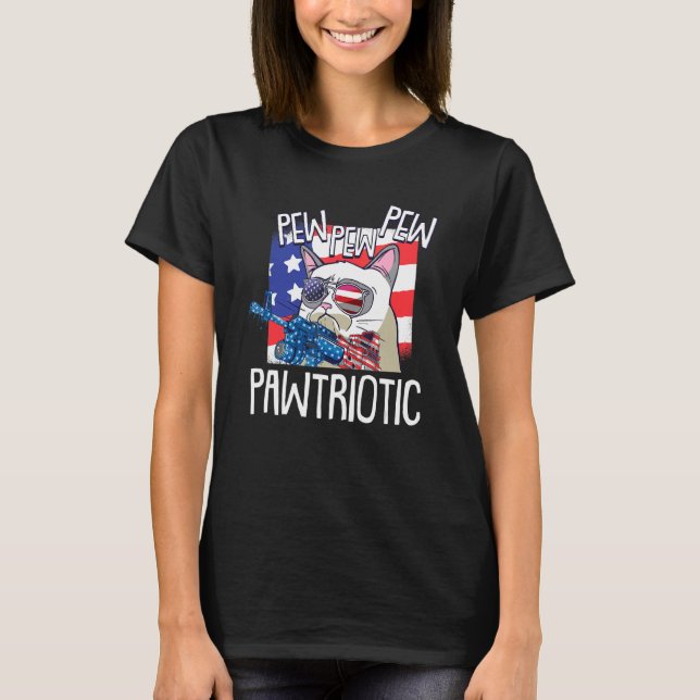 Camiseta 4 de julho Pew Pawtriotic Cat Patriotic American (Frente)