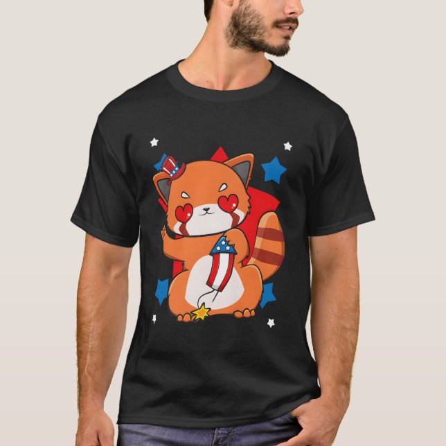 Camiseta 4 De Julho, Red Panda Patriotic Firework Usa (Frente)